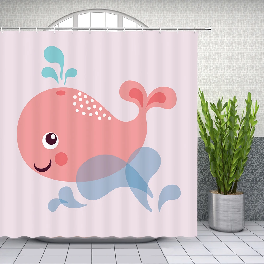 Hot Sale Cartoon Whale Shower Curtains Cute Funny Animal Kids Bathroom Decor Waterproof Polyester Fabric Curtain Set Cheap | Дом и сад