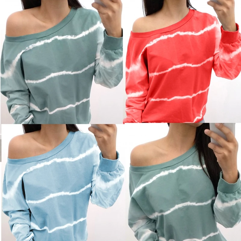 

Women Autumn Tie-Dye Stripes Sweatshirt Long Sleeve Round Neck Pullover Tops Sexy Drop Shoulder Oversized Loose Tee Shirts Stree