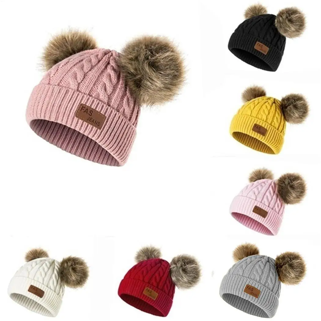 Вязаная теплая меховая шапка для маленьких девочек и мальчиков украшенная