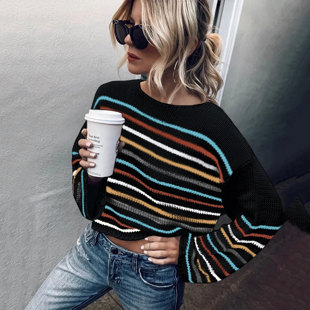 

Striped Sweater Rainbow Sweater Women's Contrast Color Stitching Loose Fashion Pullover sweater winter clothes women