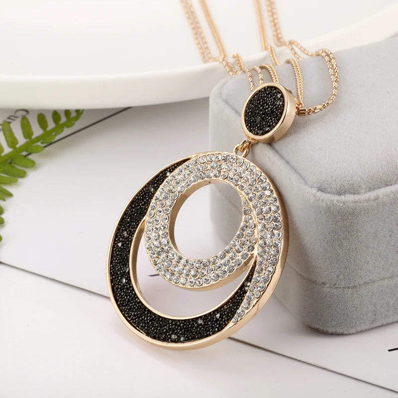 black stone Большая круглая подвеска, винтажное ожерелье для женщин, золотое, серебряное, круглое, черное, белое, Кристальное ожерелье с длинной многослойной цепочкой, ювелирное изделие - Окраска металла: black stone