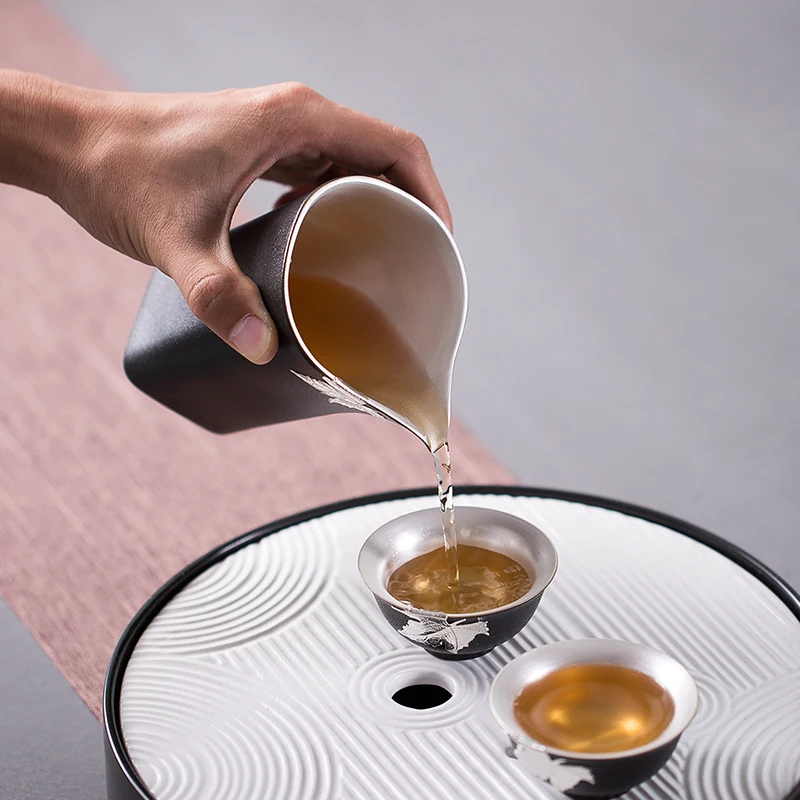 100ML Pure Silver Fair Cup Ceramic Black Pottery Vintage Chahai Home Tea Ceremony Accessories Drinkware Coffee Milk Mug for Gift |