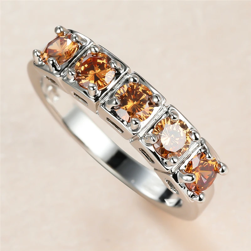 

Cute Female Champagne Crystal Stone Ring Charm Silver Color Wedding Rings For Women Promise Small Round Zircon Engagement Ring