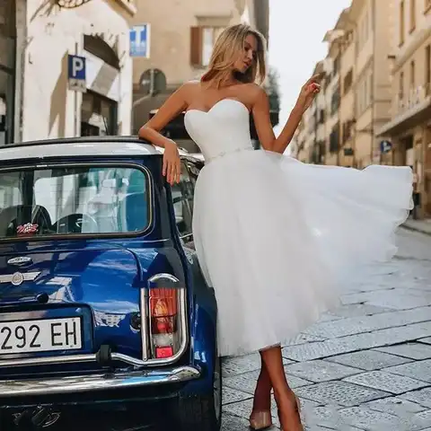 Short Wedding Dress Simple New 2021 Robe De Mariee Custom Made for Women Tea Length Bead Sash A Line Bridal Gown Vestido De Novi