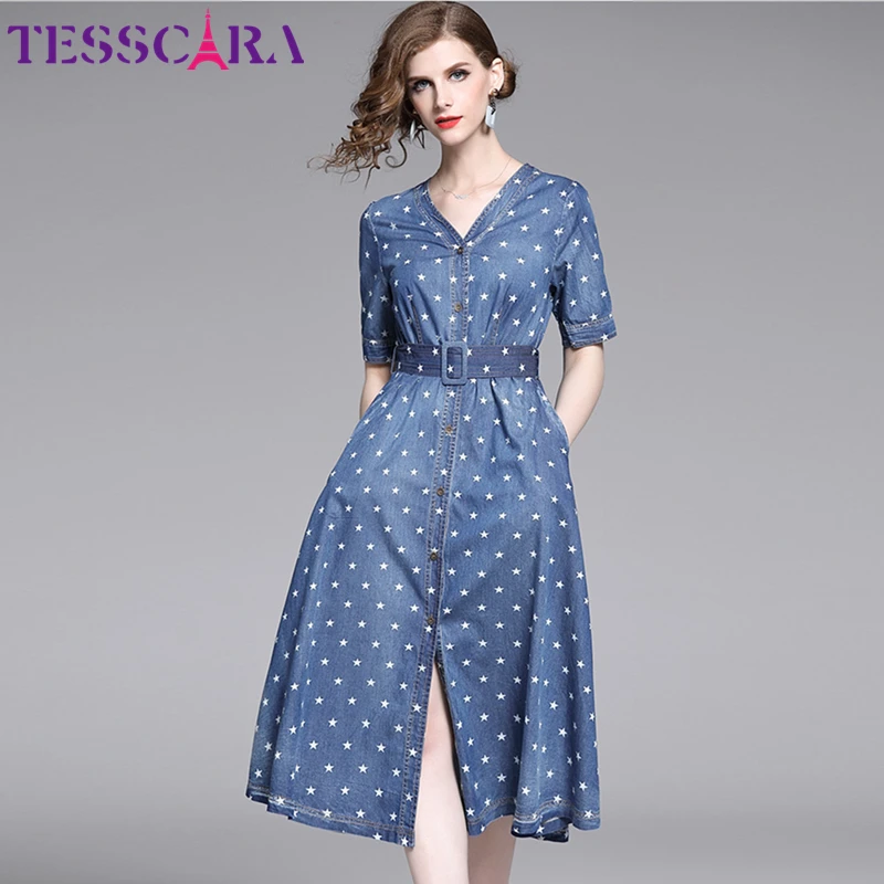 TESSCARA, женское элегантное джинсовое платье, рубашка, женская, высокое качество, принт со звездой, v-образный вырез, дизайнерское, женское платье, высокое качество, на каждый день, Vestidos