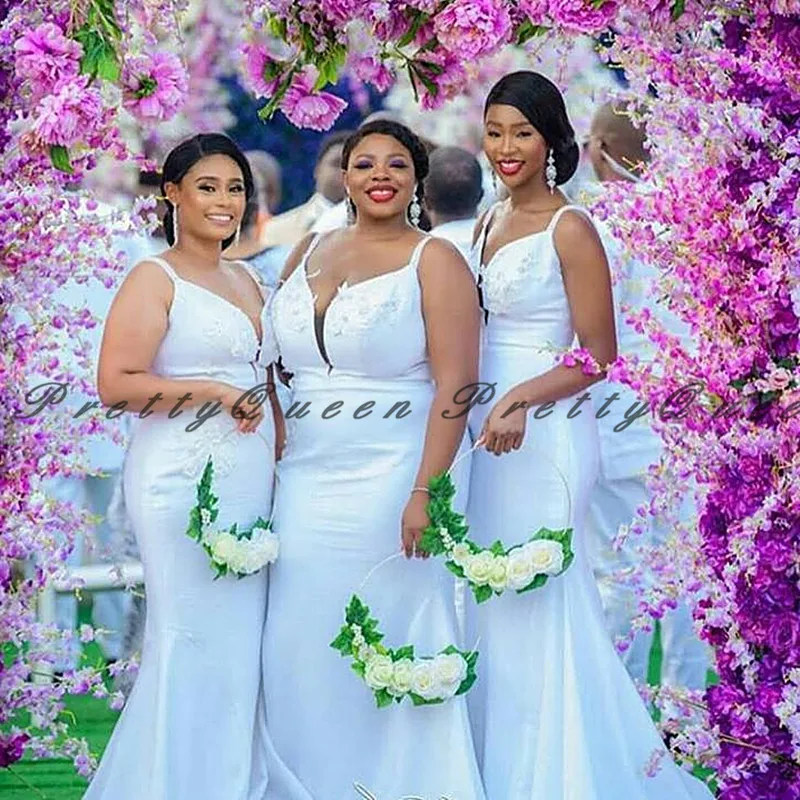 

Сексуальное Белое платье подружки невесты со шлейфом Speghetti с аппликацией 2020 размера плюс женское длинное платье для свадебной вечеринки ...