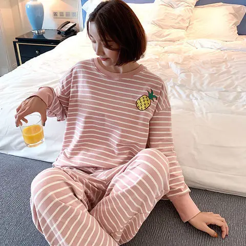 Pajamas suit Осенне-зимний пижамный комплект для женщин, полосатый хлопковый Длинный топ, длинные штаны, комплект из 2 предметов, пижамный комплект для женщин, милая одежда для сна, пижама для девочек - Color: Pajamas suit