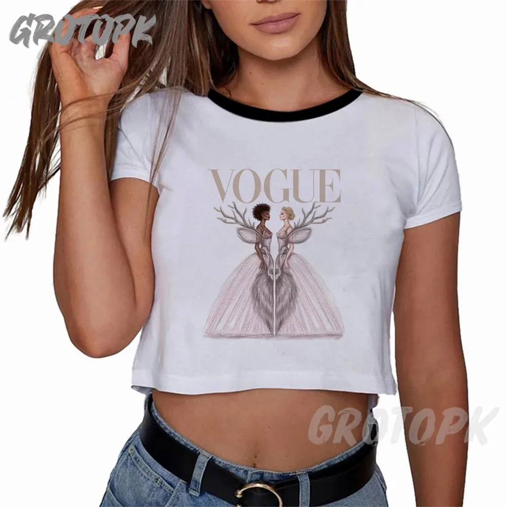 

Fashion VOGUE Print Women's Crop Top Short Sleeve T Shirts Women New Casual Tee Tops Summer Female T Shirt Cute Cropped Top