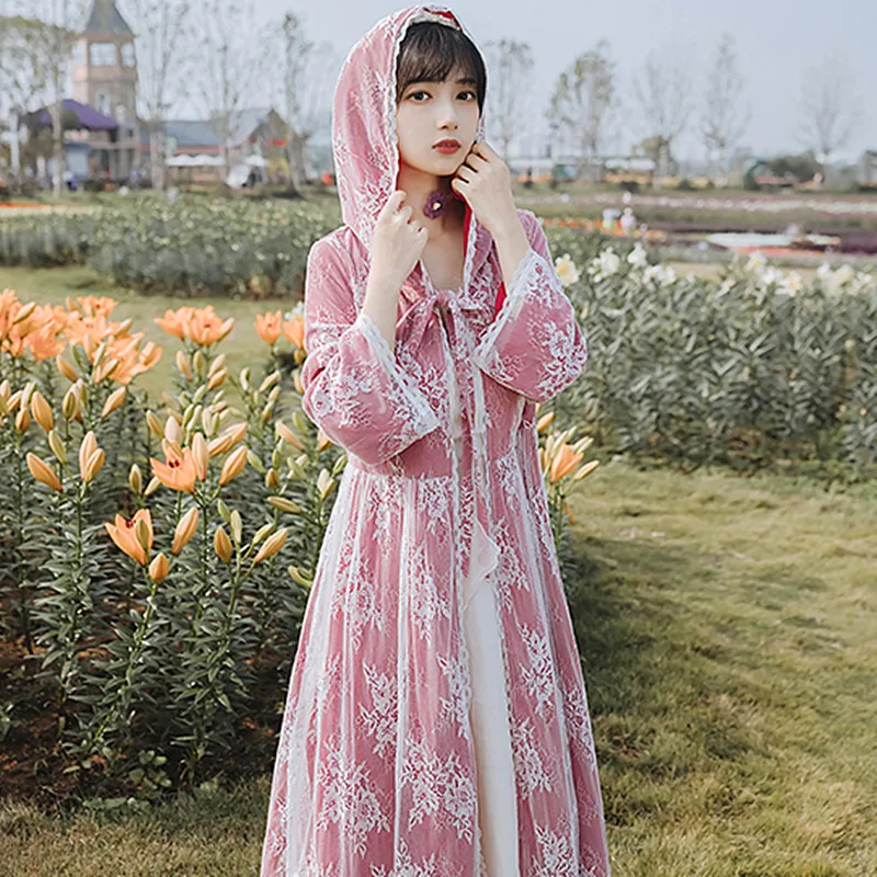 

Literary Vintage Lace Stitching Long Poncho With Sleeves Red Cloak Women Cute Spring Autumn Ladies Capes with hoods