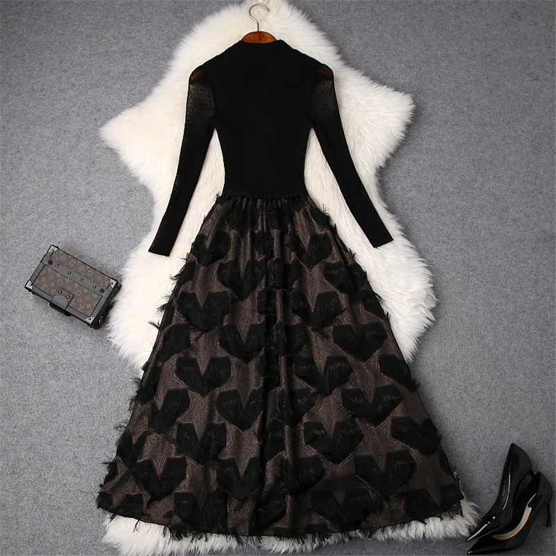 Длинное женское платье новинка сетчатый пуловер весеннее пэтчворк перо кисточка