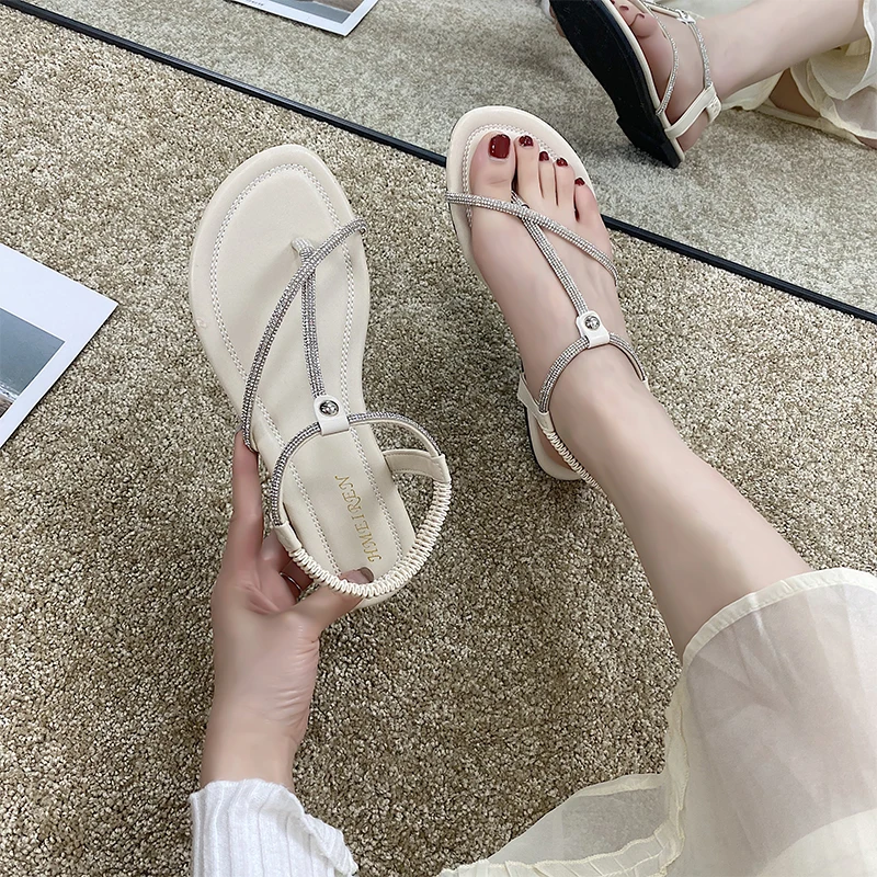 

Clear Heels Female Sandal Comfort Shoes for Women 2021 Summer Girls New Low Elastic Band Fashion Beige Scandals Solid Slip-On A