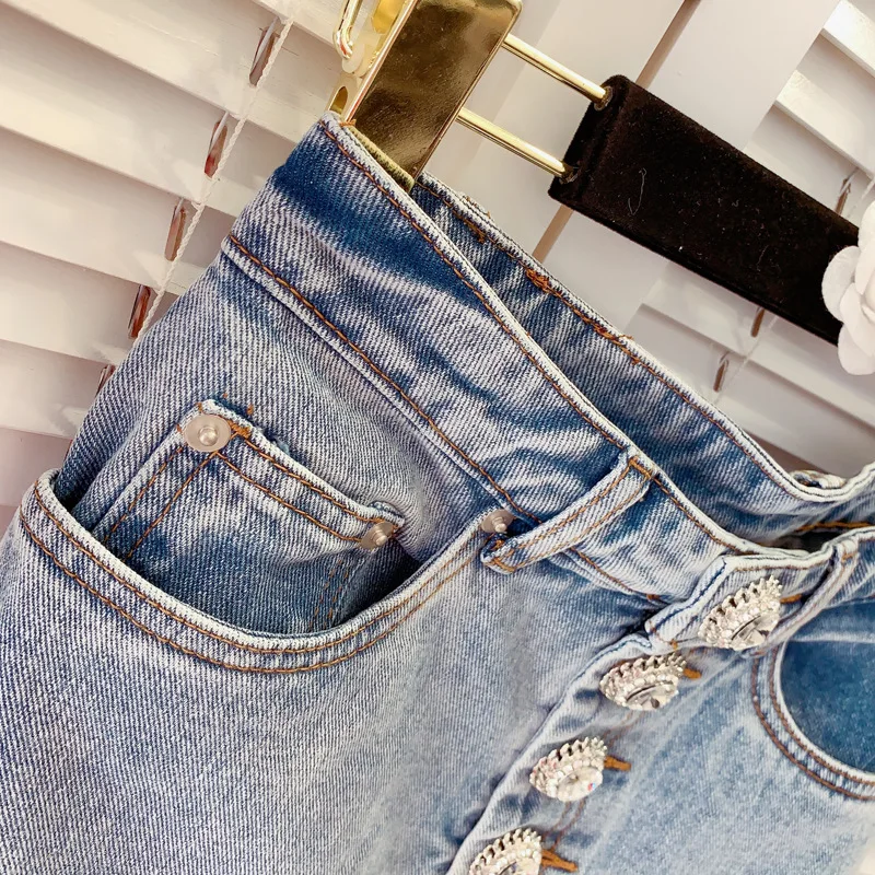 

Retro Denim Skirt for Women 2021 Summer Bright Rhinestone Button Design Jean Skirt Casual All-Match Short Slim Skirt Women