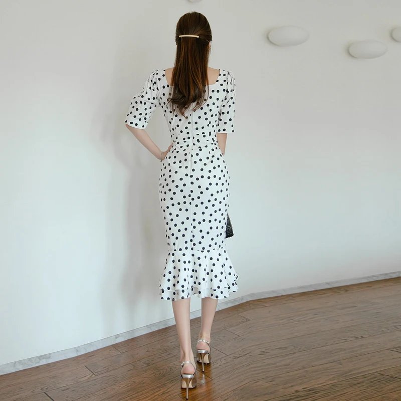 

Square Collar Dots Print Sheath Mermaid Dress Women Summer Elegant Bodycon Dresses High Waist Occupation Office Vestidos TA9363