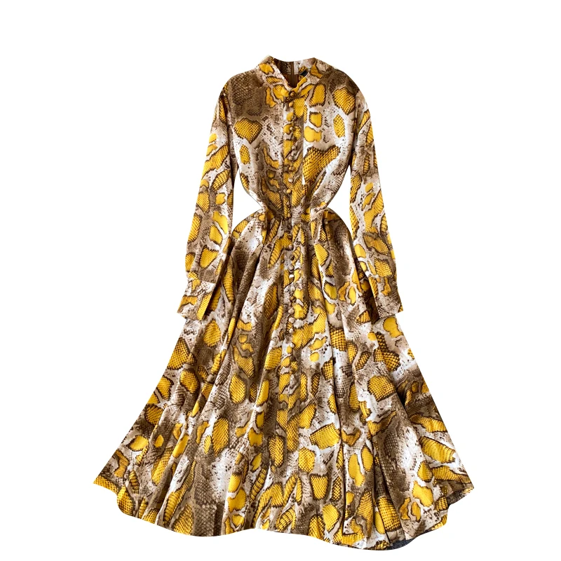 

2021 European American Snake Print Vestidos Women's Stand-up Collar Puff Sleeve Slim Slim Midi Dress C535