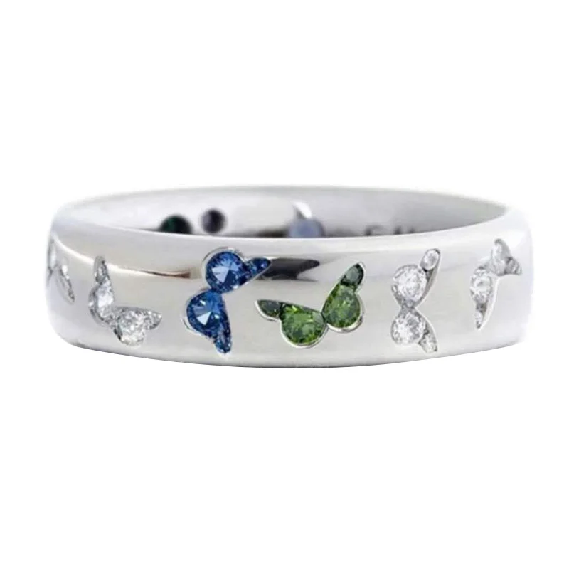 Инкрустированное кристаллом кольцо в виде бабочки разноцветное женское