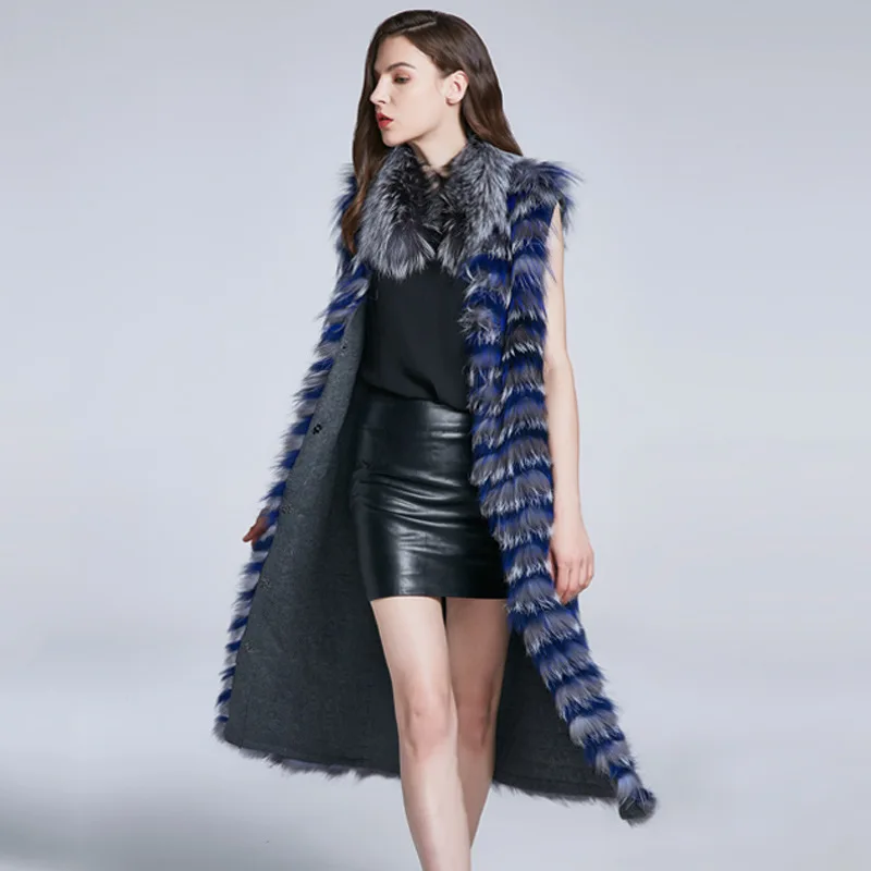 Hot Sale Winter Warm Thick Fox Hair Fur Coats Vest Jacket Middle Length Fashion Blue Slim Office Lady Overcoats for Women enlarge