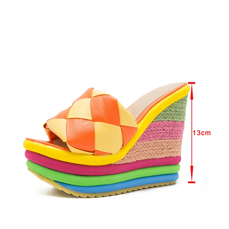 

Ladies Slippers Rainbow Color Thick Bottom Female Sandals Wedges Platform Heels Women Slides Fashion 2021 Summer Woman Shoes New