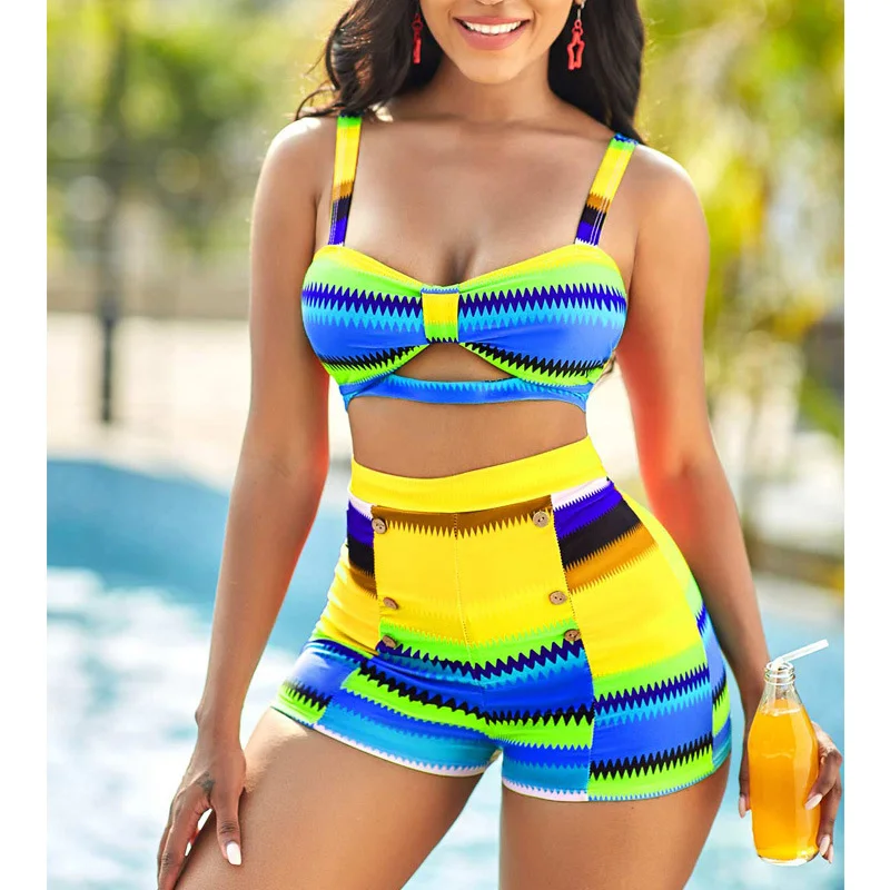 

Summer high waist shorts two-piece beach swimsuit fitness matching suit sexy bra bikini suit printed short top 2021 new