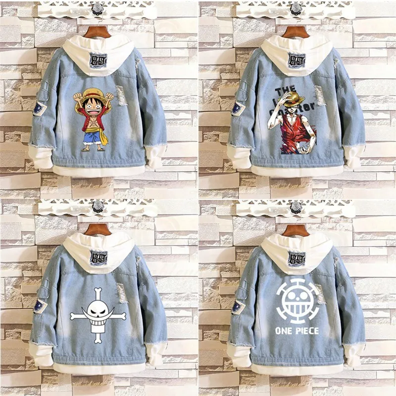 Аниме джинсовая куртка Luffy джинсы с капюшоном Толстовка рваные дырки Косплей