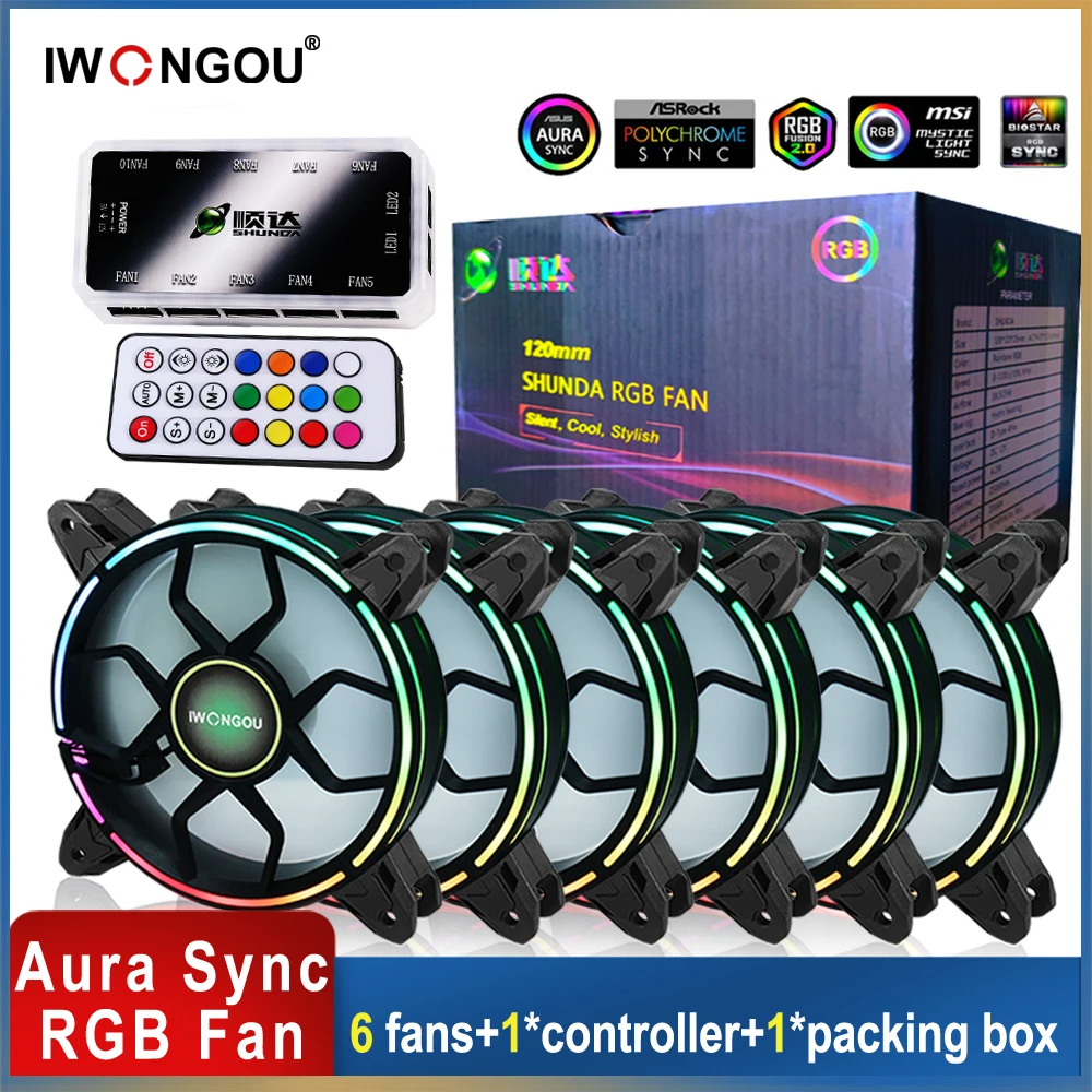 iwongou aura sync rgb fan 120mm pc cooler adjustable speed adjust led 12cm kit 6 in1 argb computer case fan controller free global shipping