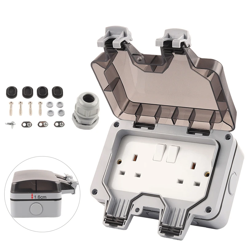 

IP66 16A/250V UK Standard Dustproof Waterproof Outdoor Wall Power Double Socket With Switch For Home Workshop Plug Outlet