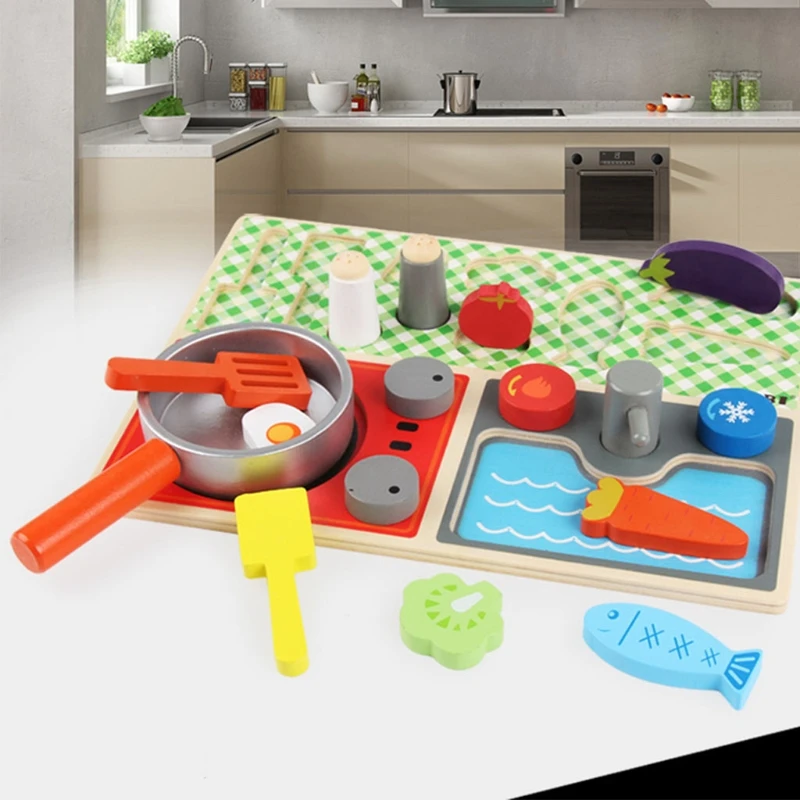 

Realistic Wooden Kitchen Toy Gift for Kids Dollhouse Pretend Play Set with Vegetable Pan Cooking Toy Matching Game Toy Gifts