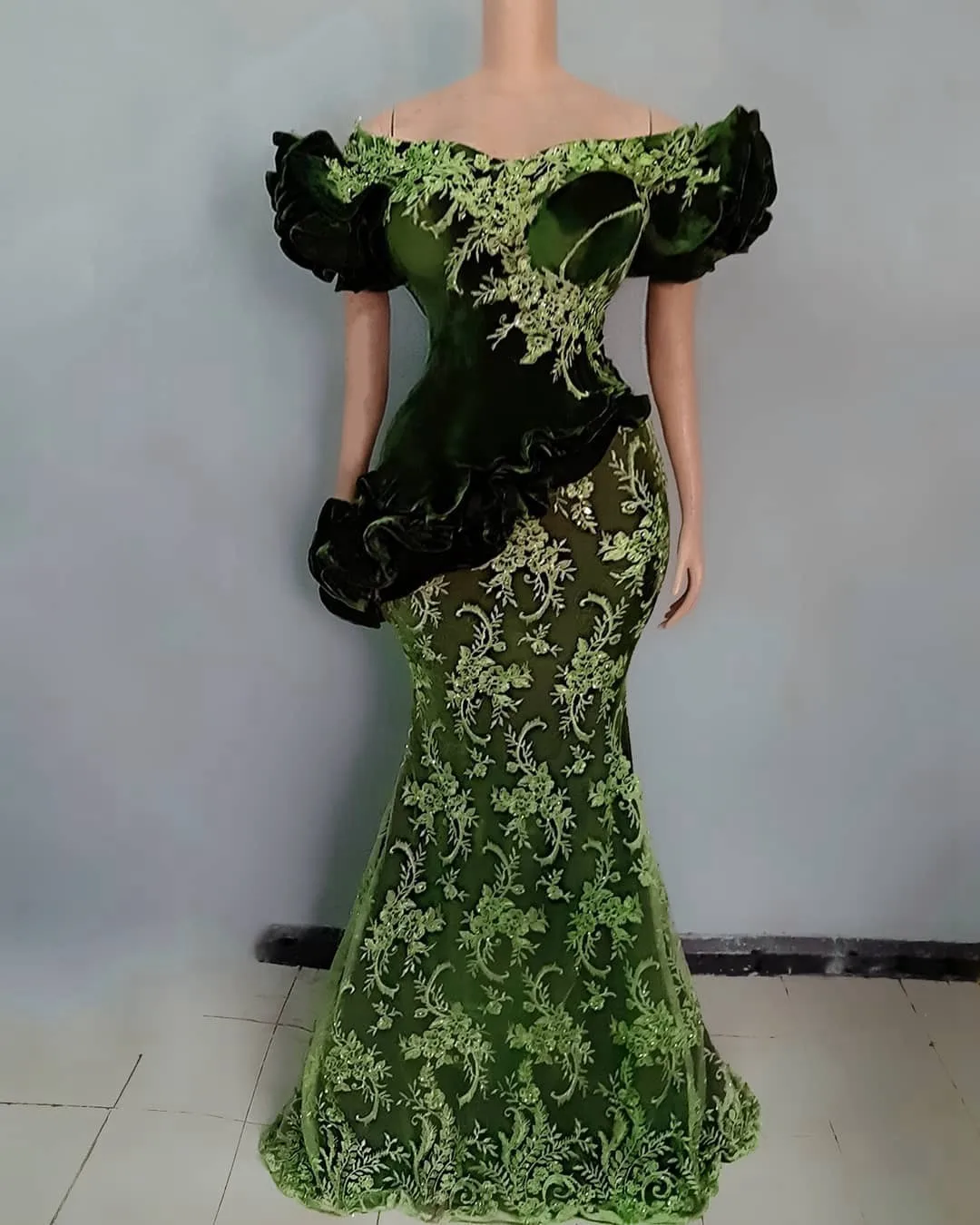 

Classic Green Lace Aso Ebi Evening Gowns Short Sleeves Puffy Mermaid Women Plus Size Prom Dresses Appliques 2021