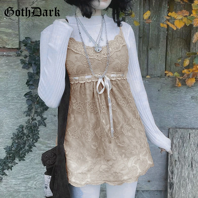 

Goth Dark Vintage Fairycore Grunge Women A-line Dresses Gothic Cute Bandage Lace Trim Mini Dress Spaghetti Strap Slim Streetwear