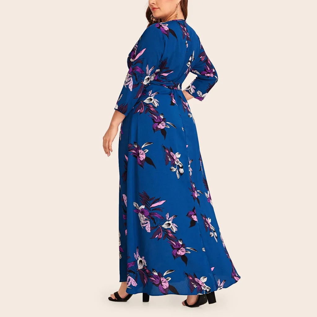 MISSOMO Plus Size 5XL dress Women maxi dress Casual Floral Print O-Neck Long Sleeve Bandage long Dress with belt vestidos 813