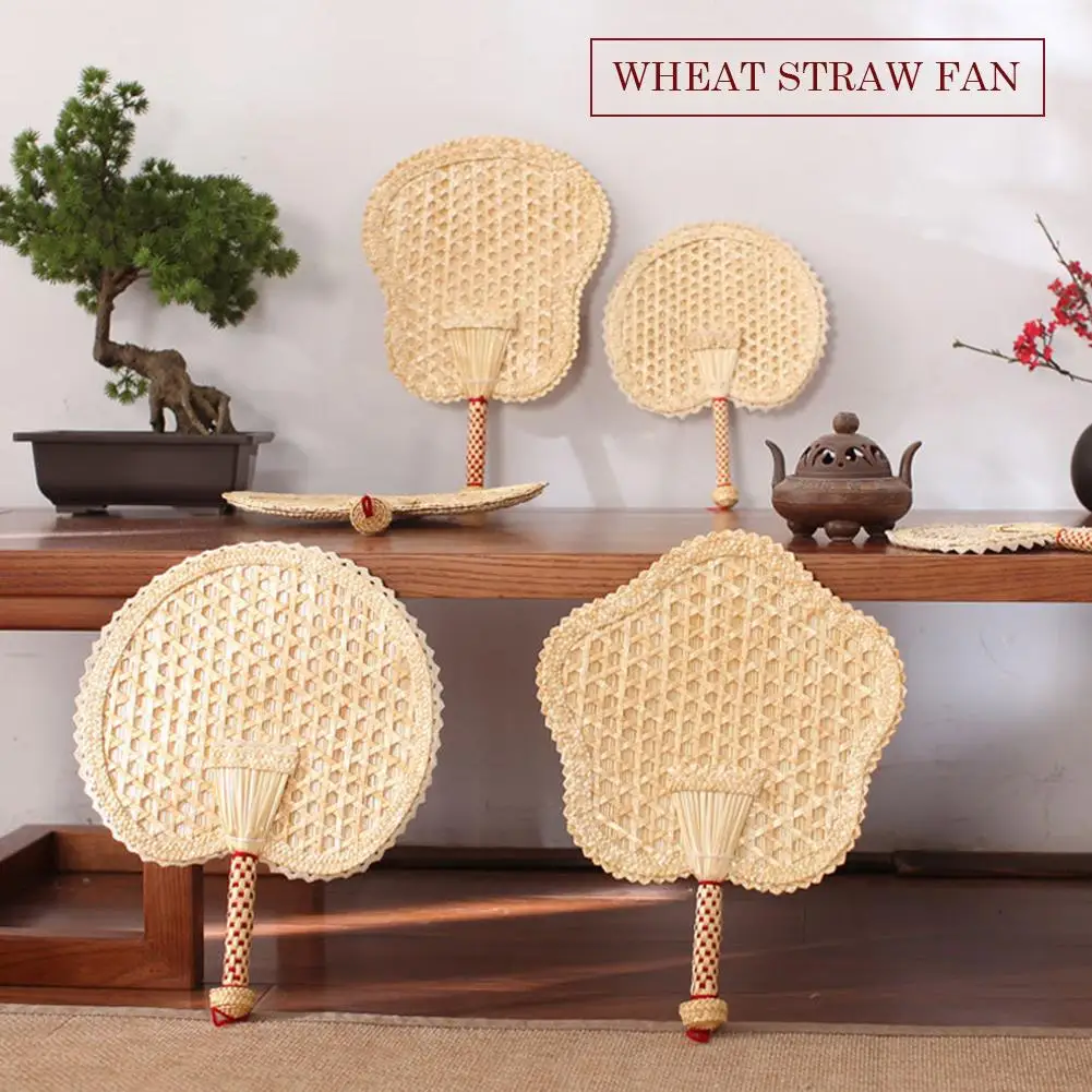 1 Pcs Pure Hand-Woven Wheat Straw Fan Old Man Summer Natural Hand Fan Environmentally Friendly Hand-Woven Fan Decoration Heart