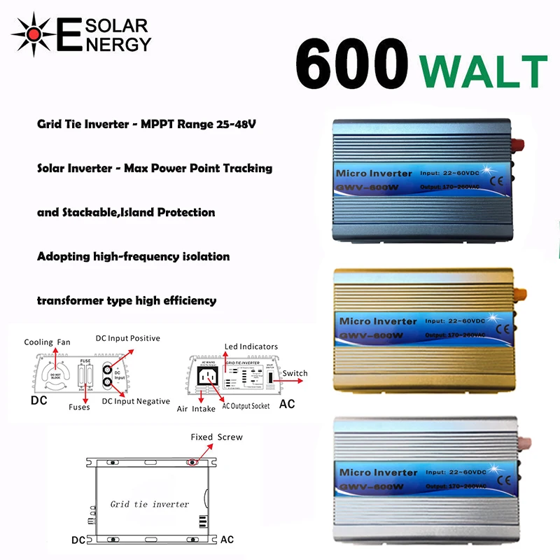 

GWV 600W MPPT Micro Grid Tie Inverter 30V 36V Panel 72 Cells Pure Sine Wave 110V 220V Output On Grid Tie Inverter 22-60V DC