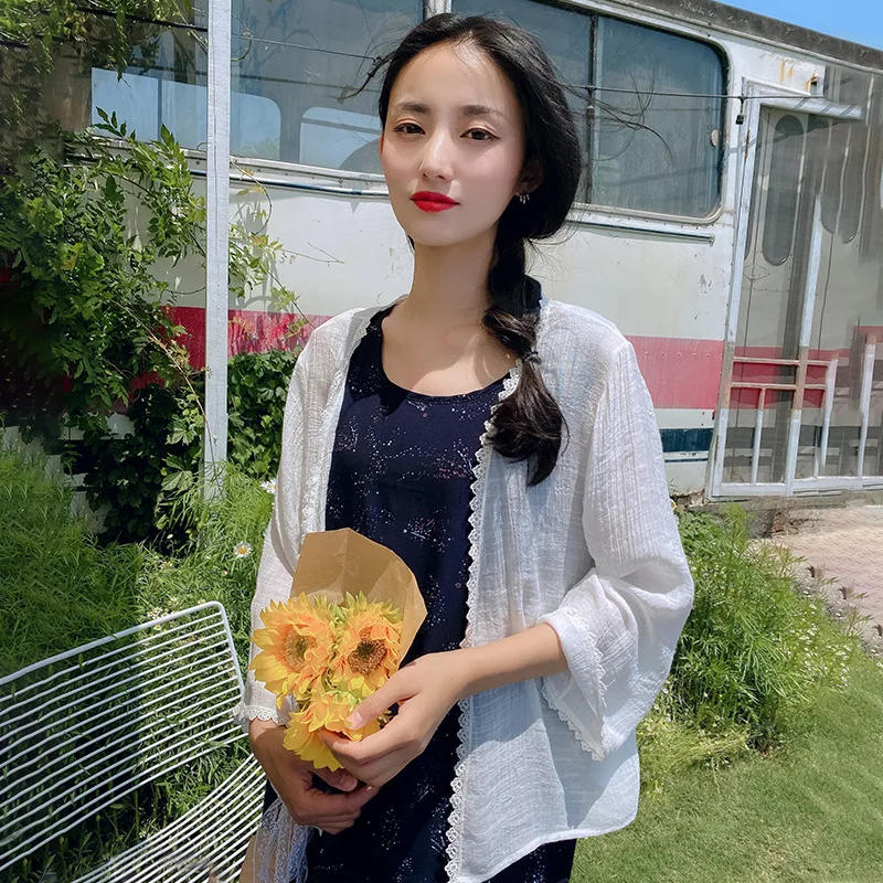 qi mei Literature and Art WOMEN'S Dress Outdoor Cardigan Women's Thin Sun Shirt Summer Solid Color Loose-Fit Sweater Lad |