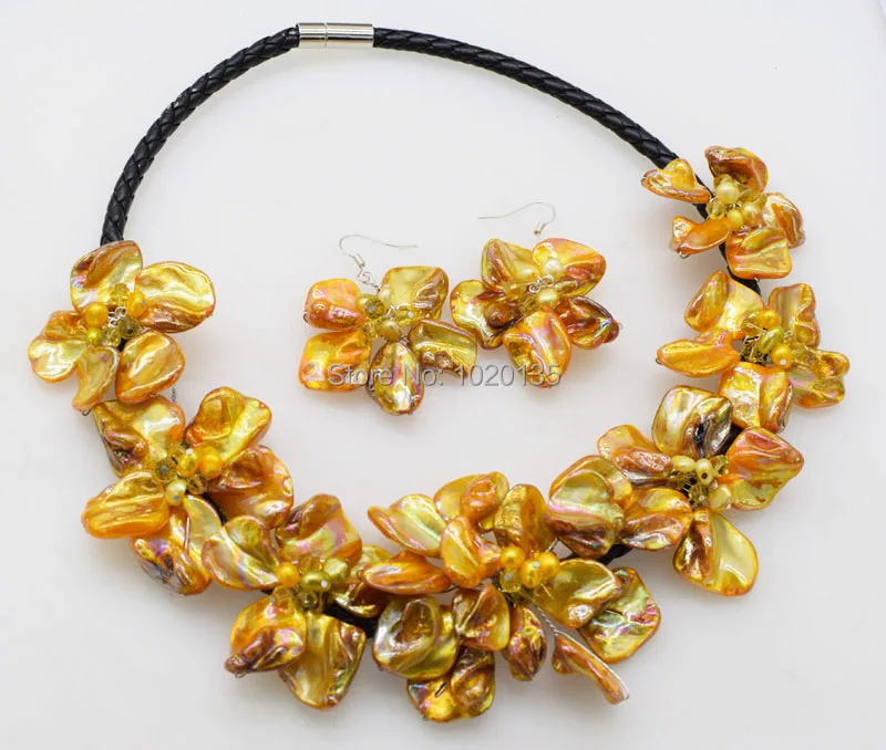 

WOW! freshwater pearl rice and yellow shell flower necklace nature 18inch nature FPPJ wholesale