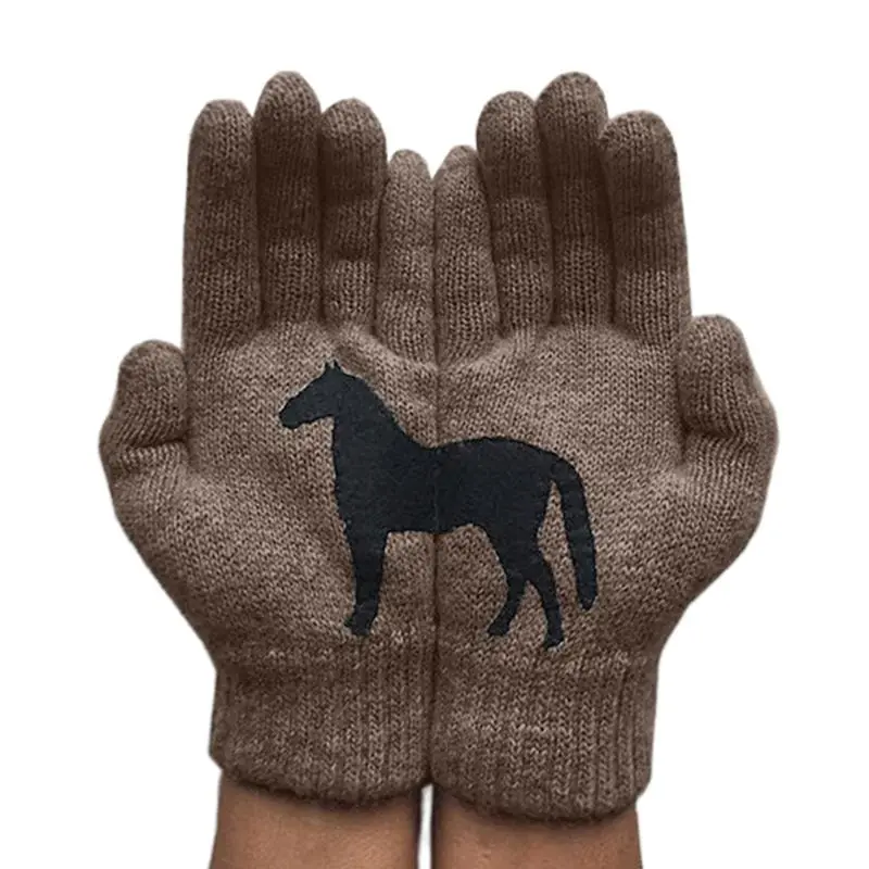 

Women Winter Warm Knitted Gloves Funny Black Horse Irregular Patchwork Mittens 2XPC