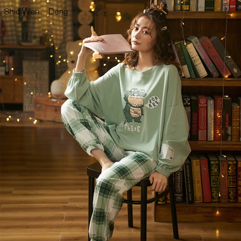 

Spring Home Clothes for Women Cute Cartoon Print Pajamas for Women Cotton Plaid Pants Sleepwear Set Pyjamas Women Pijama Mujer