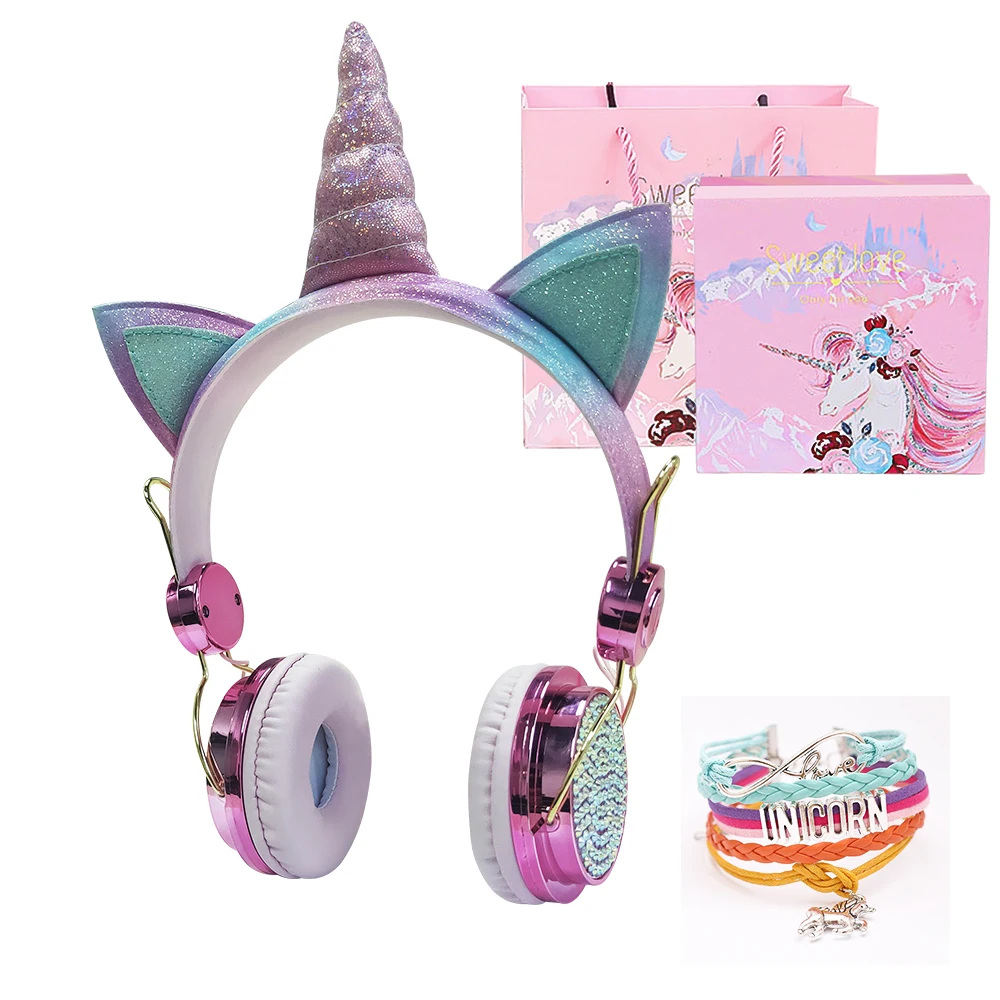 Funny Kids Headset Colorful Diamond Unicorn Headphones Music Stereo Wired Earphones With Gifts Box Christmas Brithday Gifts
