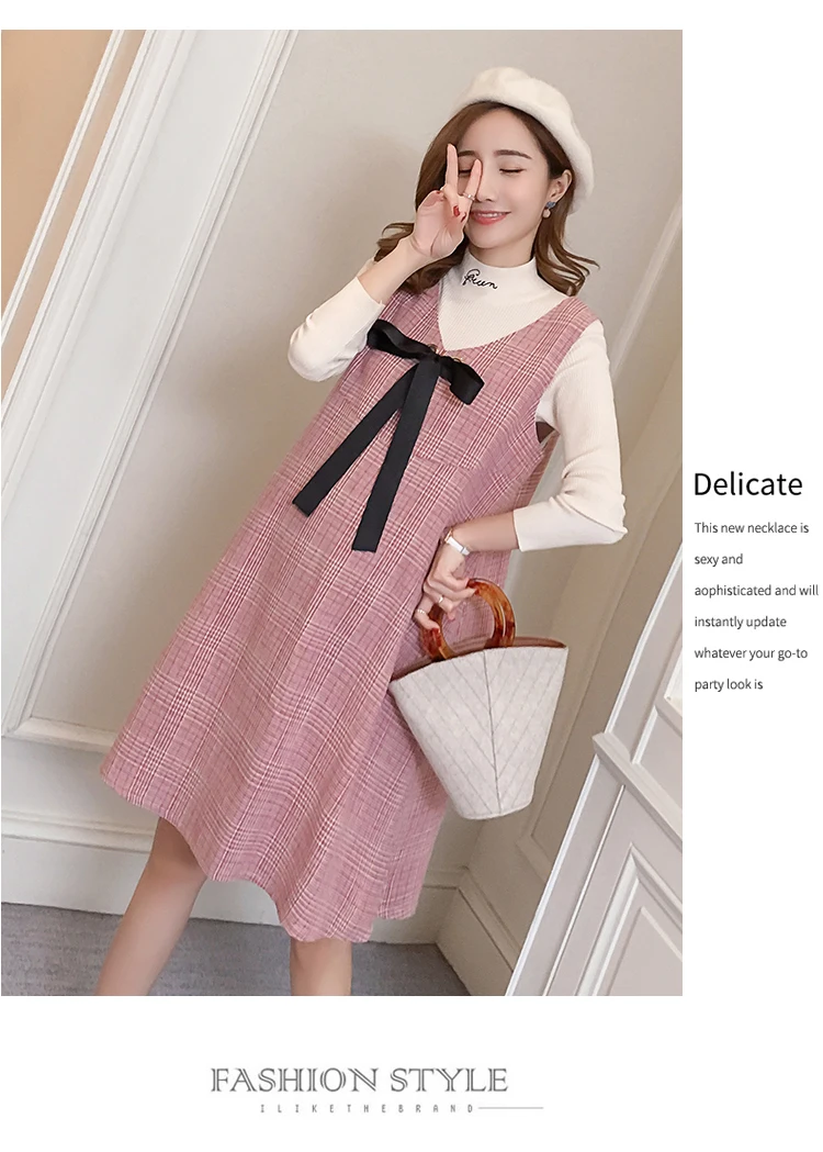 6596# 2PCS/Set Autumn Korean Fashion Maternity Dress Sweet Lovely Straight Loose Clothes for Pregnant Women Fall Pregnancy
