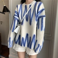 new wave striped print sweater women oversized pullovers winter o neck loose long jumper soft warm sweaters sueter mujer