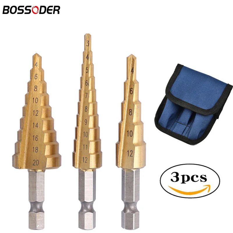 Drill Bit 3-12mm 4-12mm 4-20mm 3Pcs/Set HSS Straight Groove Step Titanium Coated Wood Metal Hole Cutter Core Tools