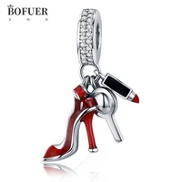 bofuer high heel charms women dinner party shoes lipstick red silver necklace fit pandora 925 original charm making accessory