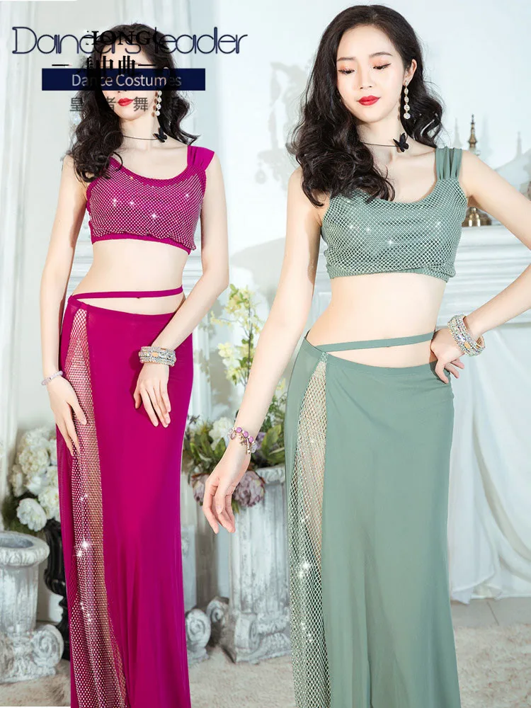 

Женский костюм для танца живота, Элегантная блузка из сетчатой пряжи, длинная юбка с разрезом, одежда для тренировок
