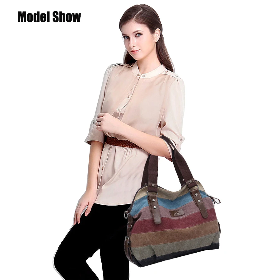 

Retro canvas ladies handbag striped rainbow patchwork bag shopping tote bag handbag beach handbag female shoulder bag