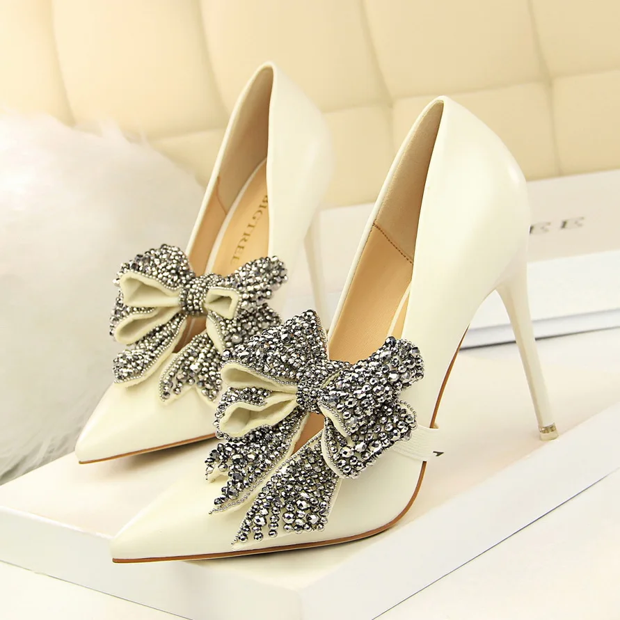 BIGTREE Luxury Crystal Thin High Heels Butterfly-knot Wedding Shoes Autumn Pointed Fashion Women Pumps PU Leather Shallow | Обувь