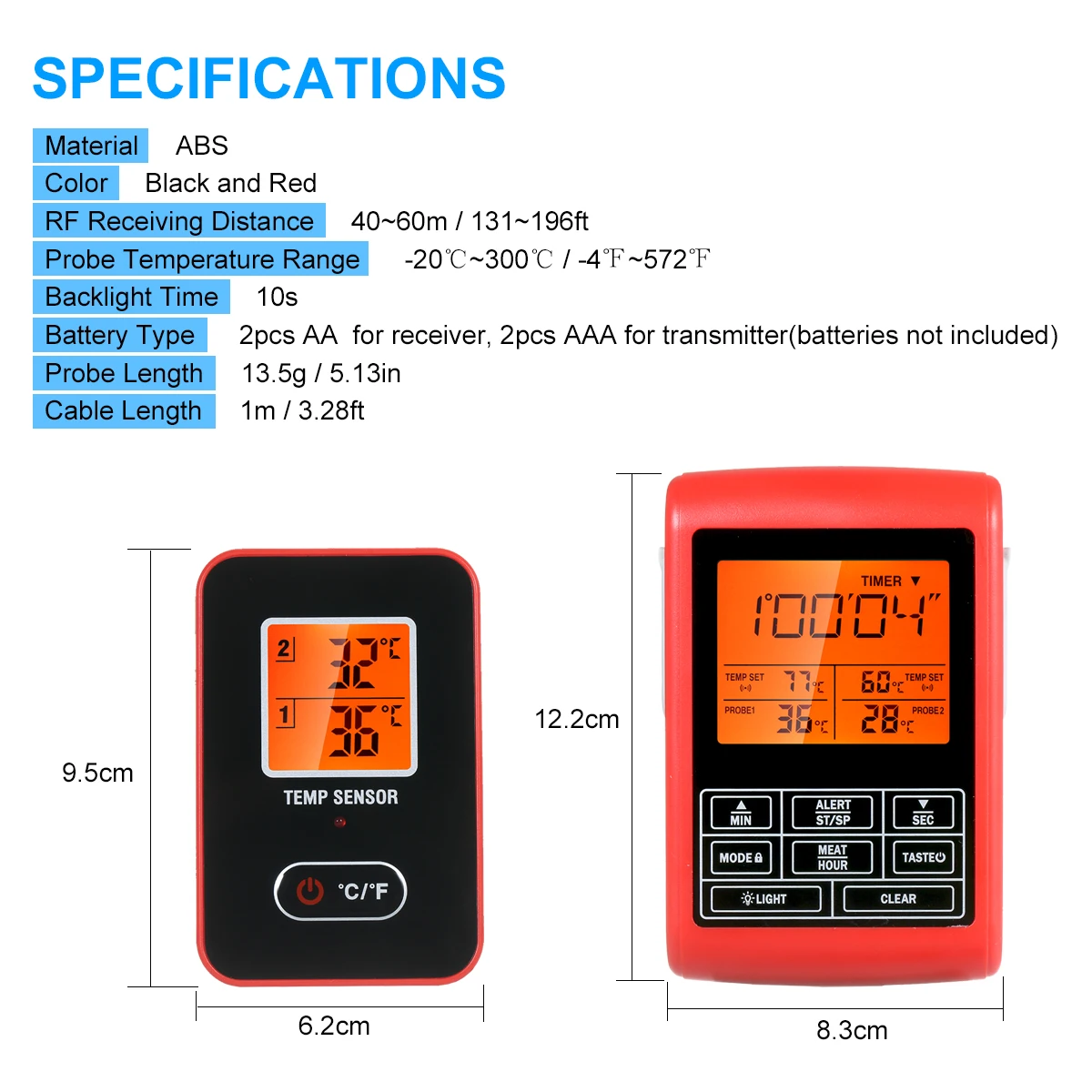 

Digital Food Thermometer and Timer Wireless Meat Thermomter Monitor Remote Meat Temperature Probe Oven Thermometer