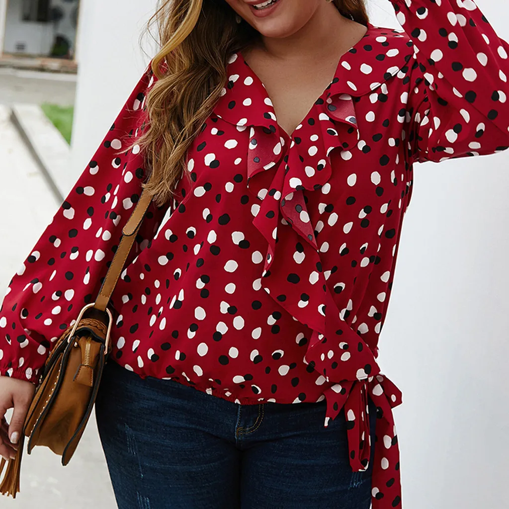 Женская рубашка с оборками Sagace Повседневная блуза в горошек длинными рукавами