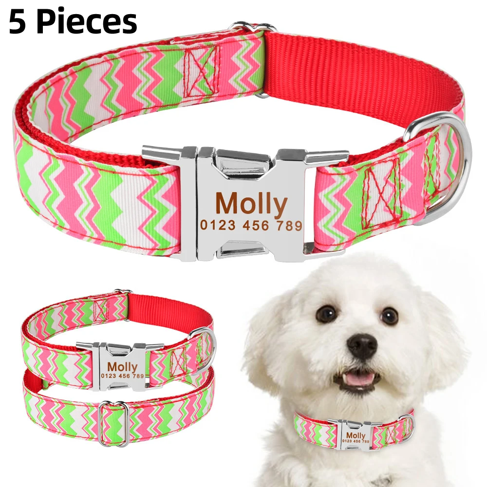 

AiruiDog Engraved Dog Collars Personalized Dog Collar Fabric ID Name Tag Buckle Custom Engraved Puppy S M L Dog Name Tag