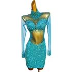 Платье с прозрачными камнями небесно-голубого цвета, наряд для вечеринки на день рождения, женские комбинезоны, костюм для выступлений и танцев команды певицы