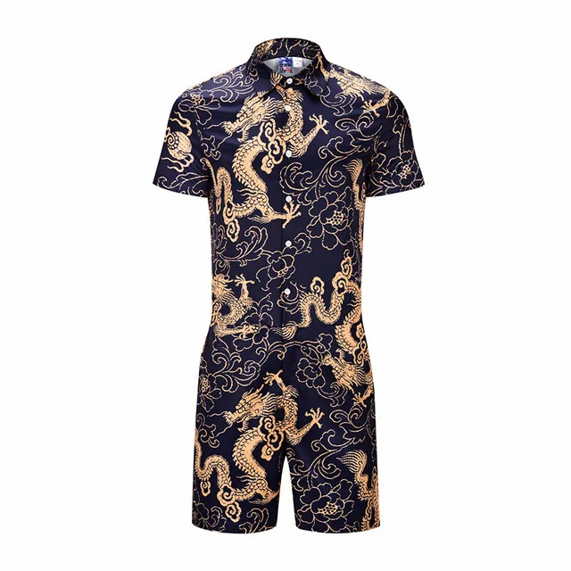 Комбинезон мужской с принтом дракона хлопковый слитный Ромпер брюки короткий