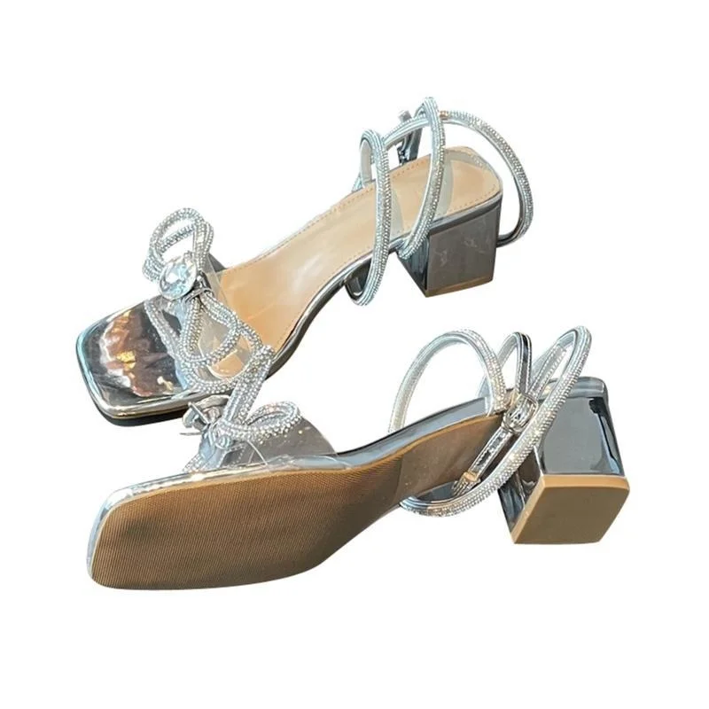 

Spring and summer 2021 fashion thick high heeled bowknot water drill open toe wedding banquet button sandal girl