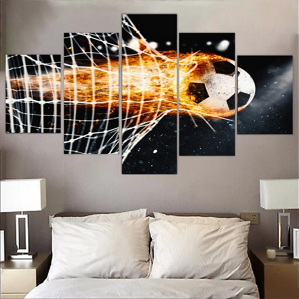 

Современная Картина на холсте, 5 шт., настенное искусство, огненный футбол, футбол, делает цель, спорт, сценический городской декор для мальчи...